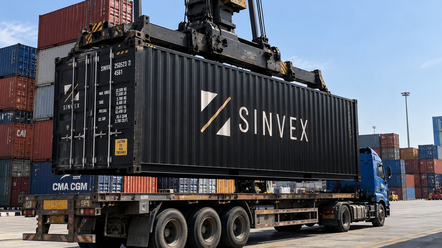 Container 40 pieds High Cube noir aux couleurs de SINVEX, levé par un portique au-dessus d'un camion dans un terminal portuaire